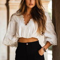 Women's Elegant Boho Lace Crop Top With Flare Sleeves