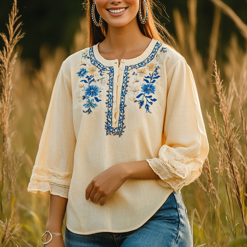 Women's Mexican Embroidery Style Bohemian Embroidered Blouse With Lace Sleeves