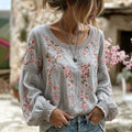 Women's Japanese Flower Art Crew Neck Linen Blend T-shirt