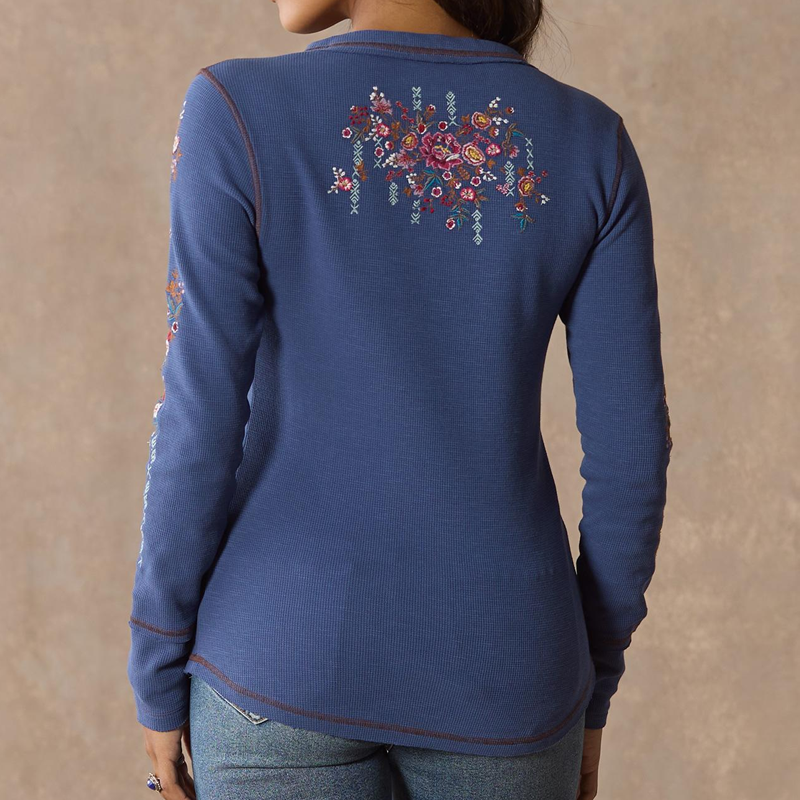 Women's Floral Embroidered Blue Long-Sleeve Top Shirt