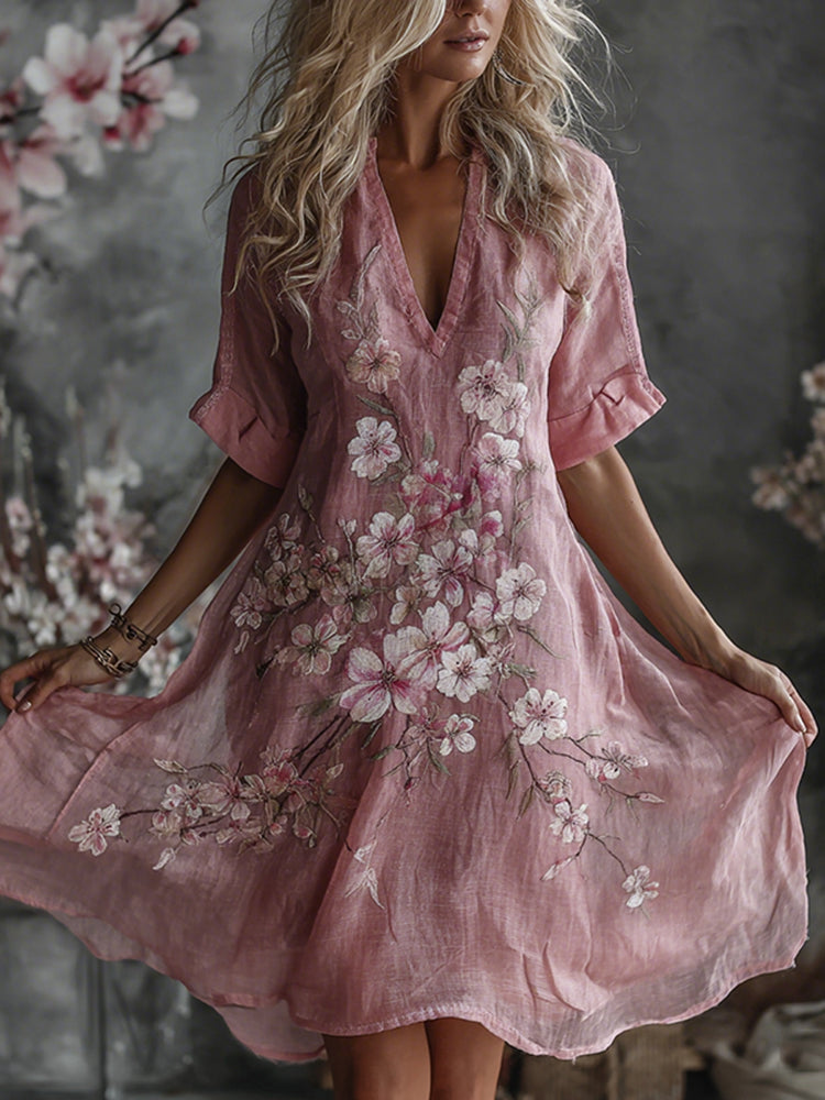 Women's Exquisite Embroidered Print Art Casual Linen Short Sleeved Dress