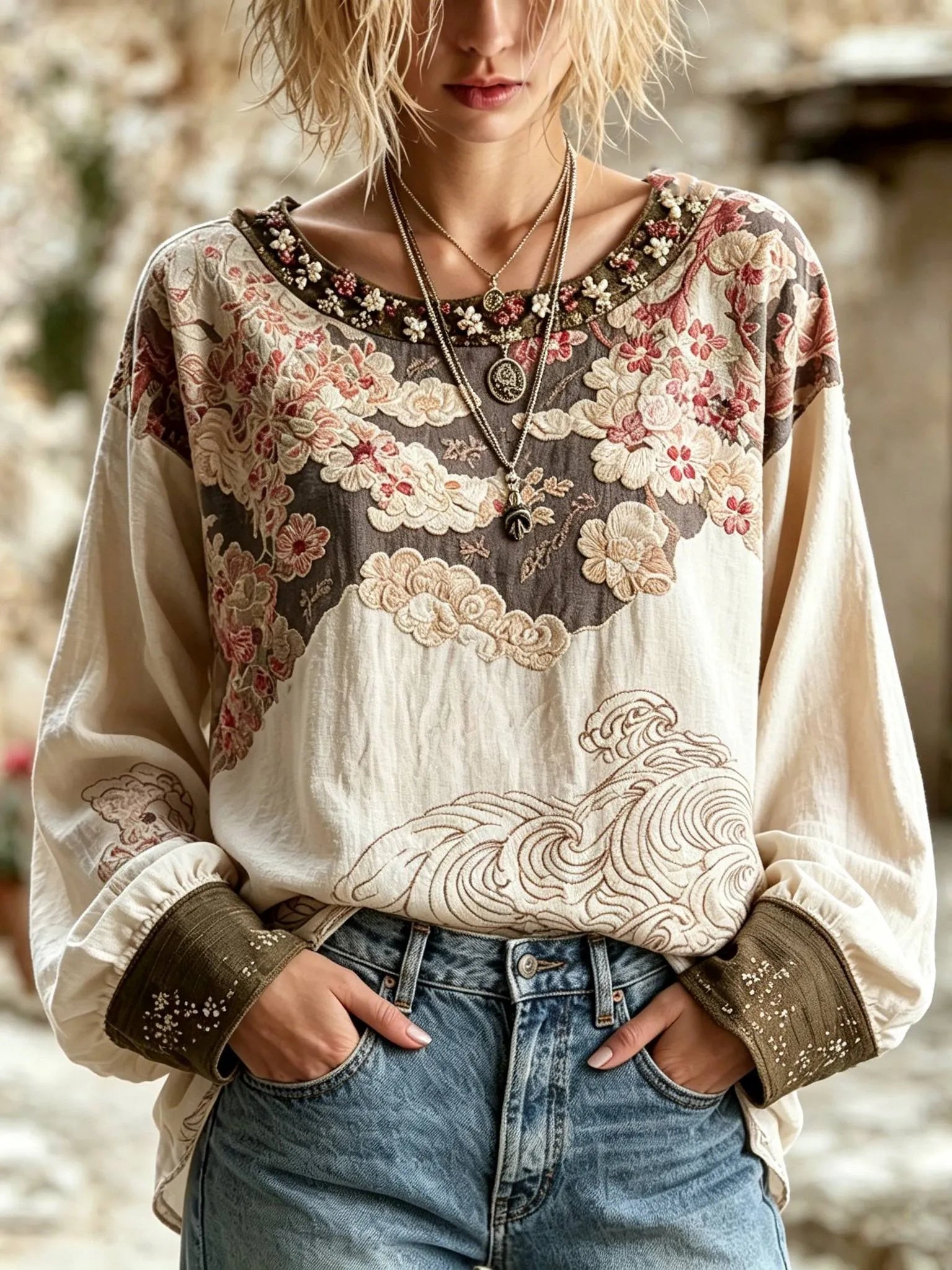 Women's Retro Japanese Cherry Blossom And Wave Print Comfortable Cotton Linen Long-sleeve Top