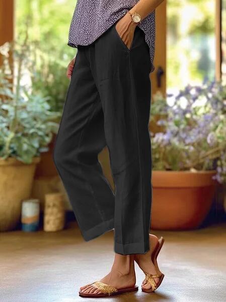 Cotton and Linen Loose Solid Color Elastic Waist Pocket Straight Casual Pants