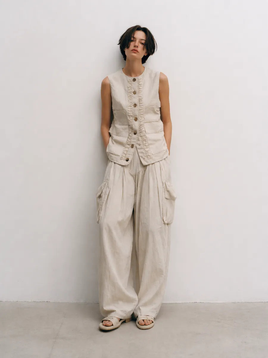 Women's Minimalist Casual Cotton And Linen Blend Off-white Suit MDZ2401D7ZJW