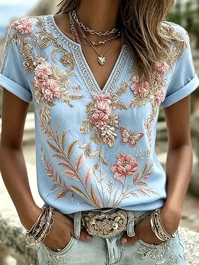 Women's floral print casual cotton and linen short sleeved shirt