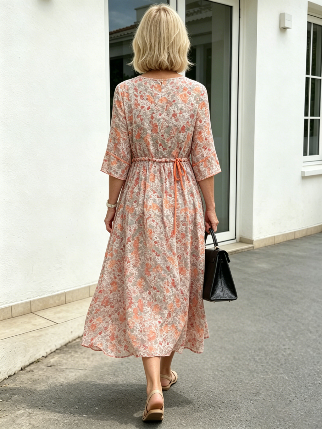 Peach Floral Chiffon Midi Dress, Round Neck 3/4 Sleeve Drawstring Waist Loose Flowy Knee-Length Dress