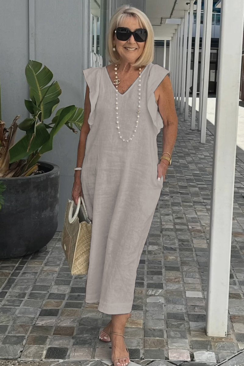 Casual Dress with Ruffle Sleeves,Back Adjustment Rope,Deep Pockets,Pure White Formal Dress, Evening Dress