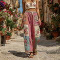 Classic Retro Rose And Floral Patchwork Art Linen Pants