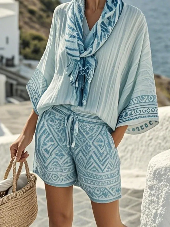 Women'S Casual Cotton And Linen Holiday Pattern Print Loose Top Shorts Scarf Set