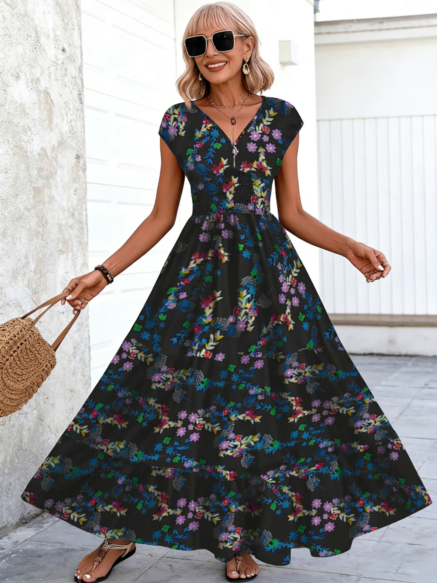 Paisley Print Dress Women's Summer Fashion Elegant Short-sleeved V-neck Dress Long Dress