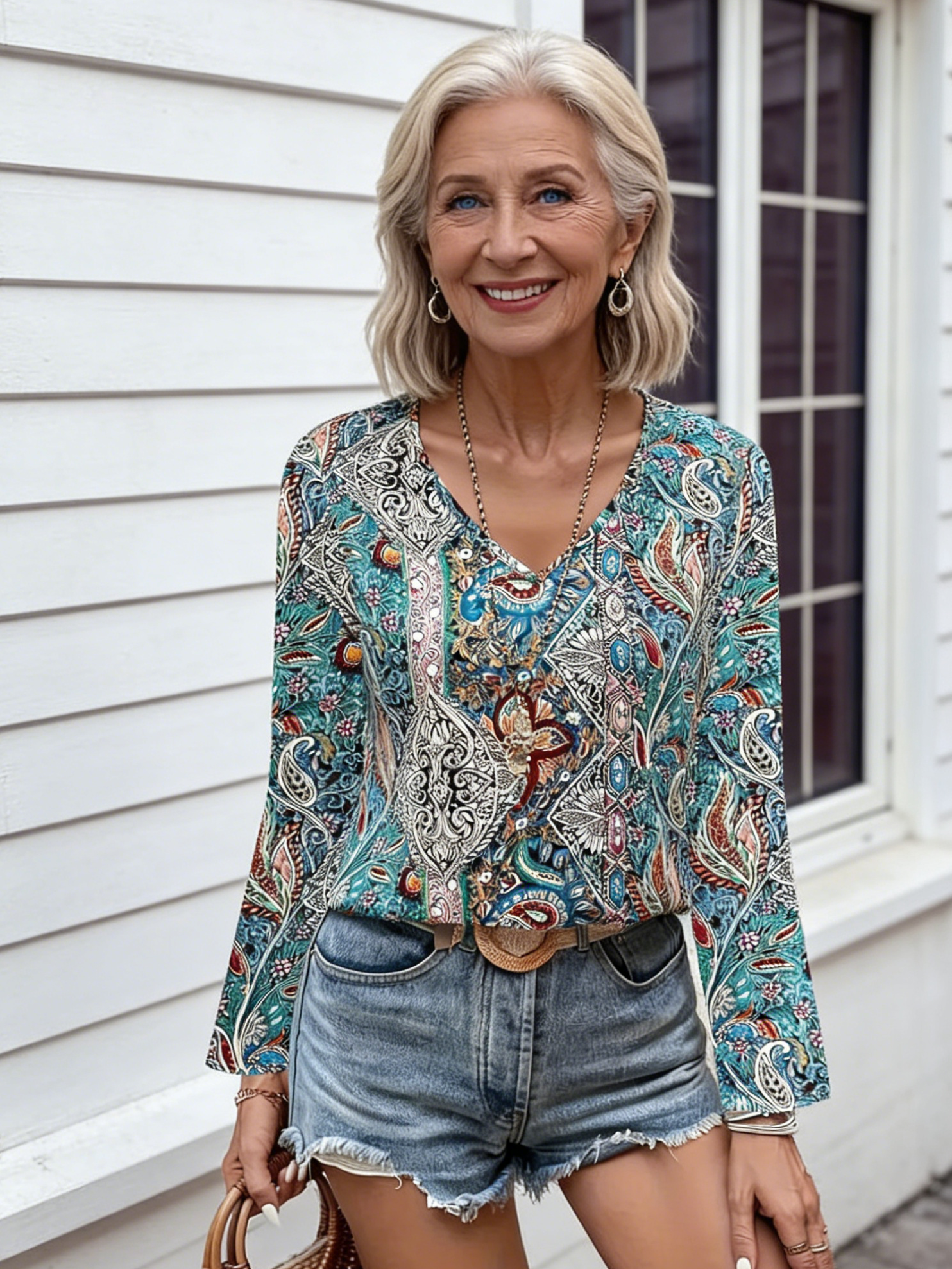 Women's Shirt Paisley Printed V-Neck Long Sleeve Shirt Women's