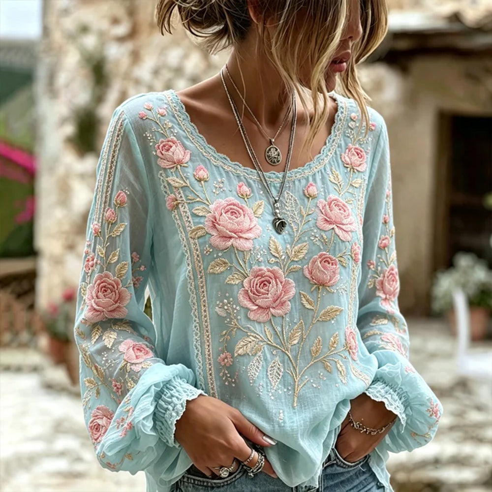 Women's Pink Rose And Lace Cotton Linen Washed Round Neck Long Sleeve Top