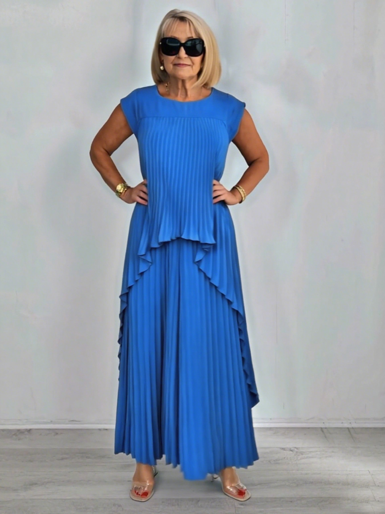2Pcs Crew Neck Solid Color Sleeve Top Pleated Straight Pants Set Two-piece Set