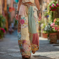 Classic Retro Rose And Floral Patchwork Art Linen Pants