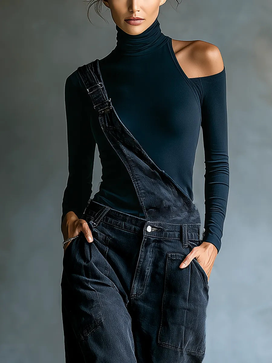 Women's Dark Blue Denim Overalls With Shoulder Straps MDA3014K1T