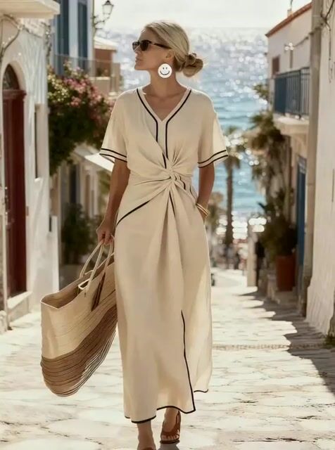 Women's Summer Short Sleeve Pleated Trim Dress
