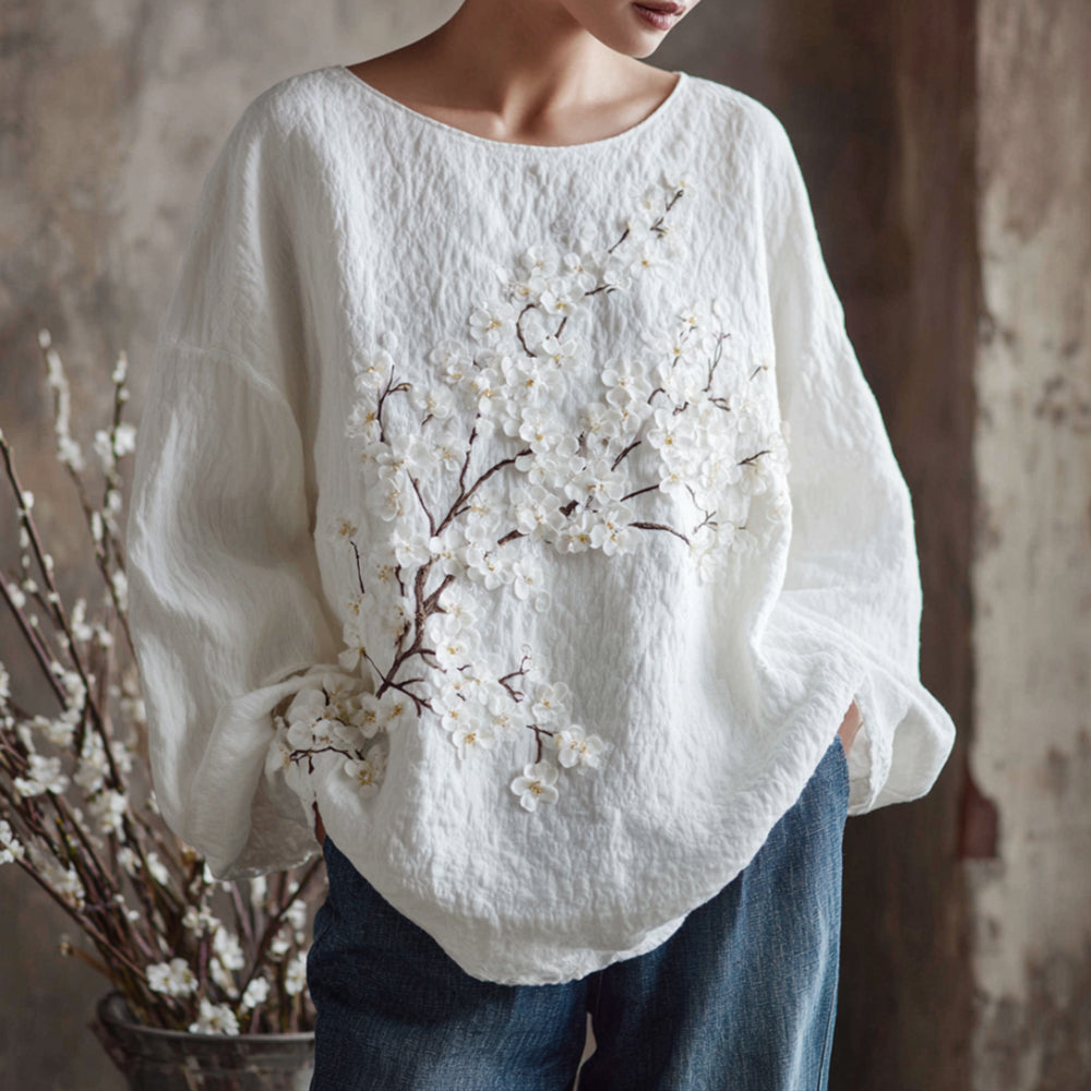 Vintage White Cherry Blossom Art Pleated Textured Cotton Linen Loose Crew Neck Long Sleeve Top