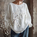 Vintage White Cherry Blossom Art Pleated Textured Cotton Linen Loose Crew Neck Long Sleeve Top