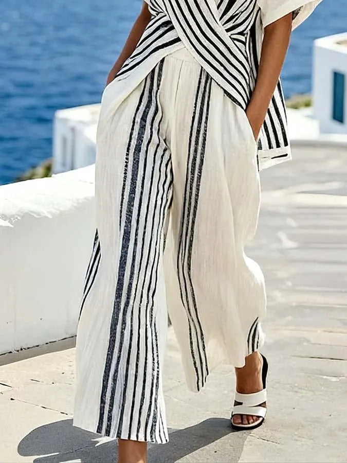 Women'S Casual Crossover Top And Wide-Leg Pants Set