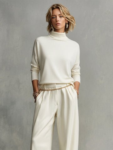 Women's Ivory Soft Knit Turtleneck with Oversized Silhouette & High Neck, Contemporary Effortless-Chic Style Top MDA1522K5I