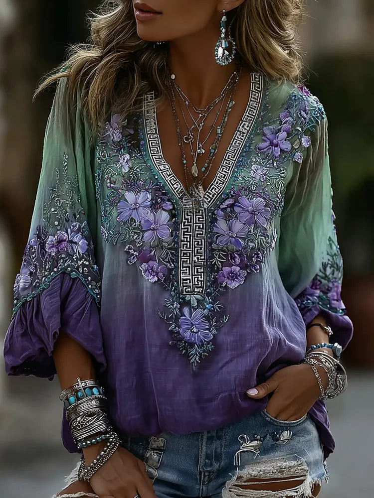 Classy Gradient Purple Lavender And Floral Art Linen Blend Loose Three-quarter Sleeve Shirt
