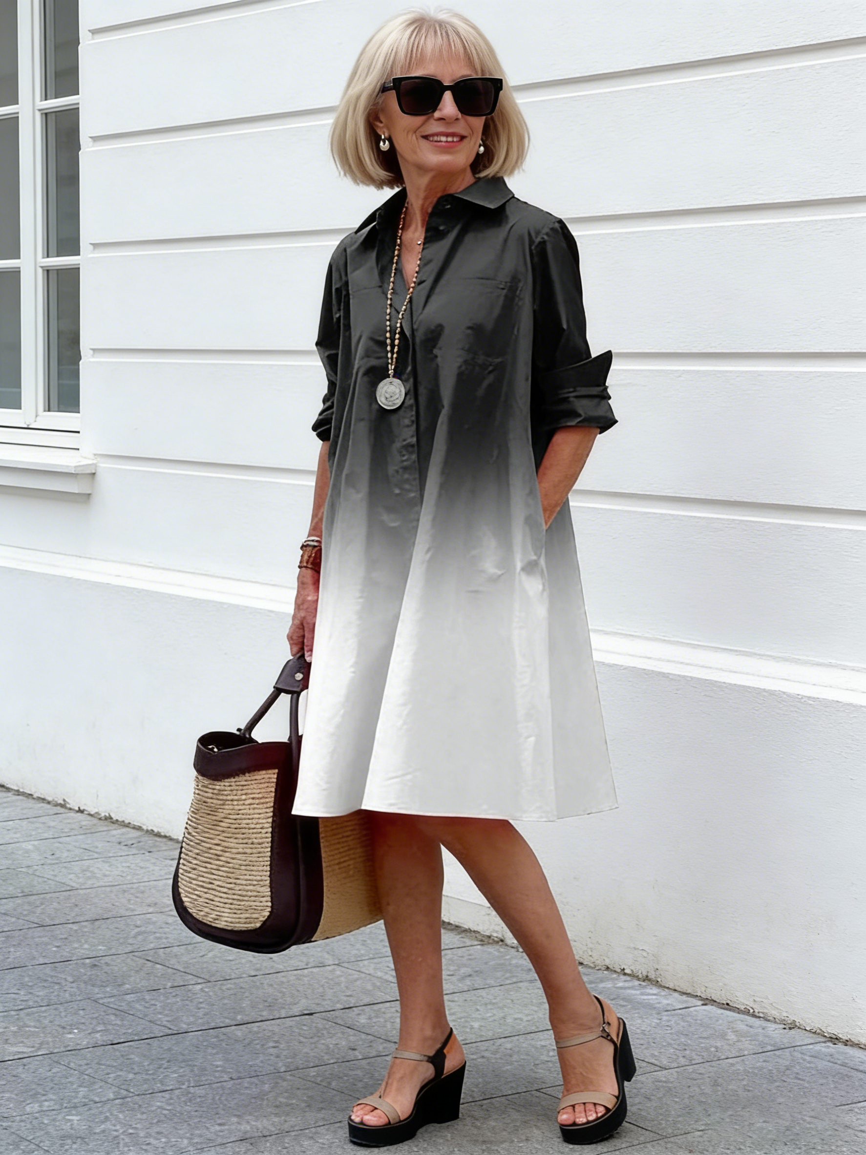Holiday Bohemian Maxi DressDot Printed Mid-Length Long Sleeve Shirt Dress for Women