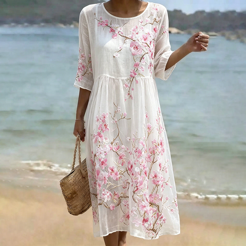 Women's Sakura Art Print Crew Neck Linen Blend Midi Dress