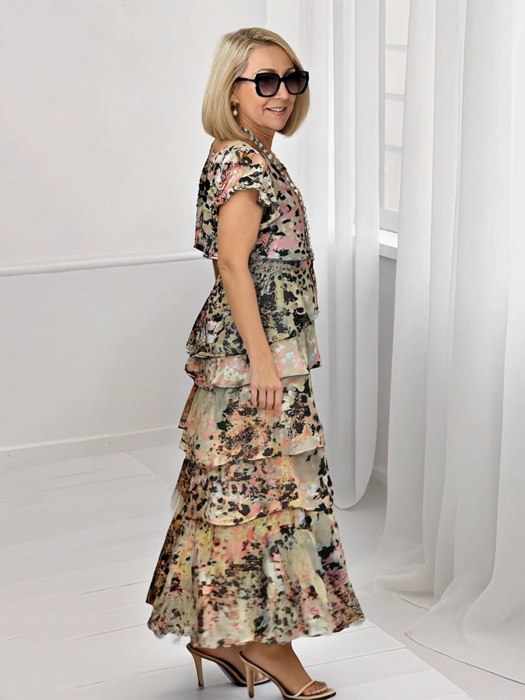 Maxi Dress Bohemia Multi-plant Floral Print Cascade Boho Dress