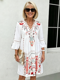 V-neck Printed Lace Stitching Bohemian Casual Vacation Style Dress