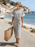 Women's Round Neck Pleated Short-Sleeved Dress