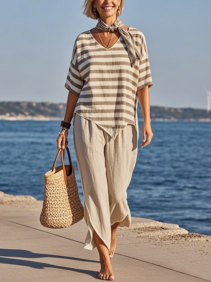 Women'S Loose Slit Contrast Striped Pants Set