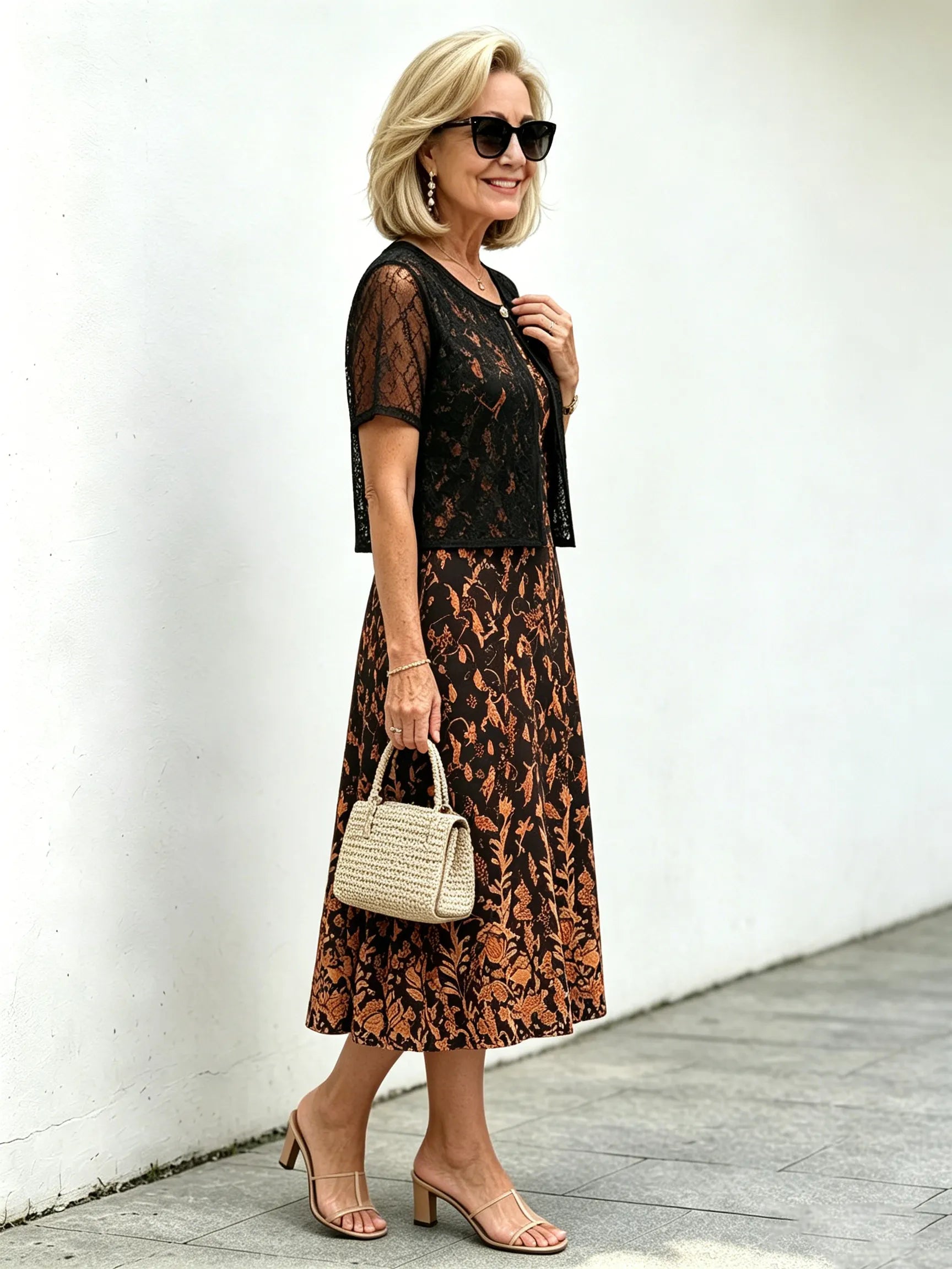 Red Gold Floral Lace Fake Two-Piece Midi Dress, Round Neck Short Sleeve Slimming Elegant Dress for Elderly Women