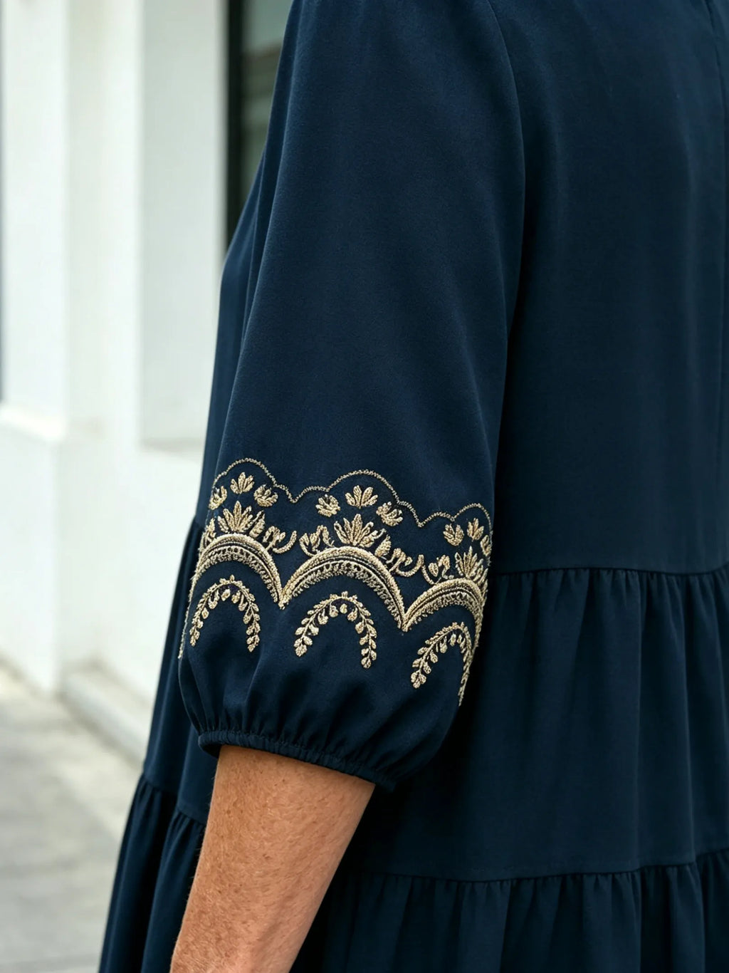 Navy Blue Tiered Midi Dress, Gold Embroidered 3/4 Sleeve Round Neck Loose Tummy Concealing Elegant Dress