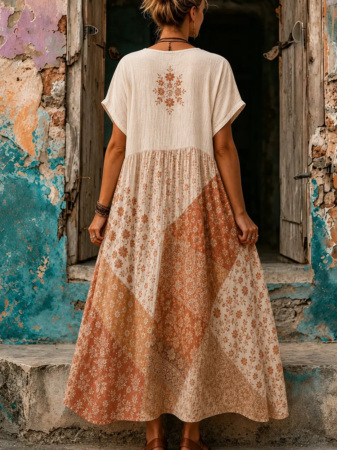 Women's Vacation Linen Floral Print V-Neck Short Sleeve Maxi Dress