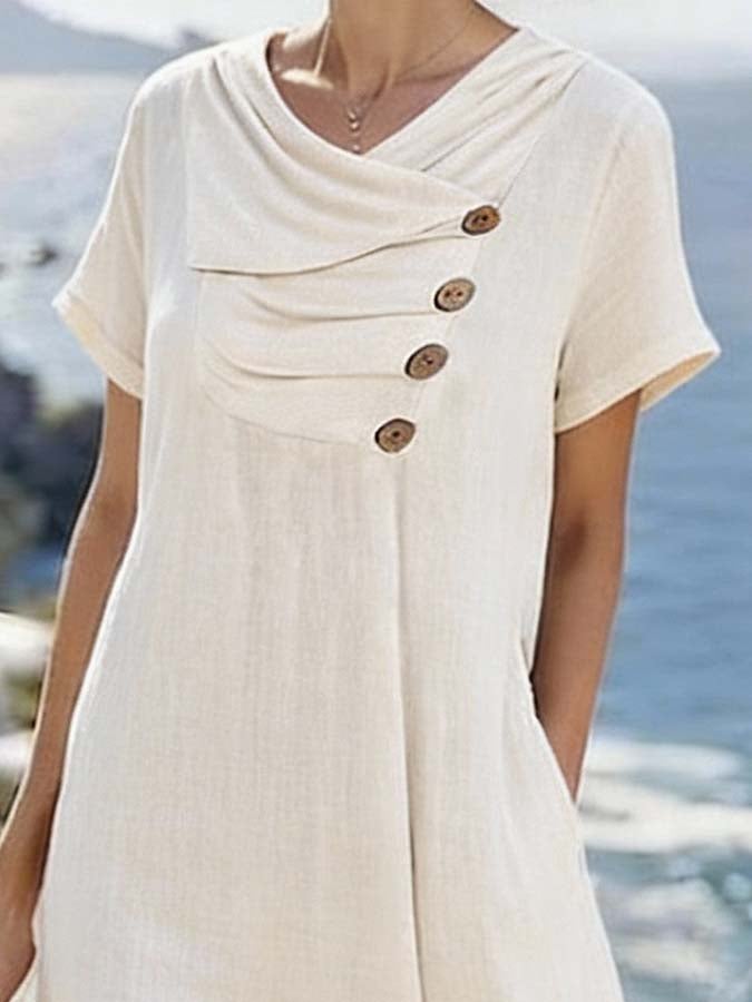 Women'S Casual Solid Color V-Neck Dress With Unique Design.