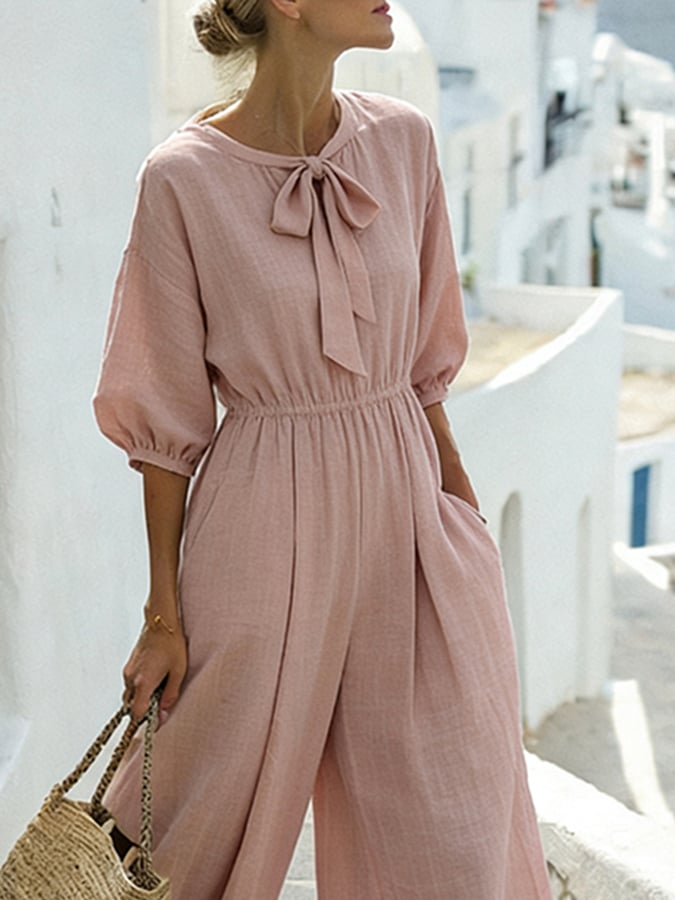 Women'S Solid Color Round Neck Cotton And Linen Loose Jumpsuit