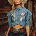 Women's Boho-Chic Denim Crop Top With Embroidered Floral Design