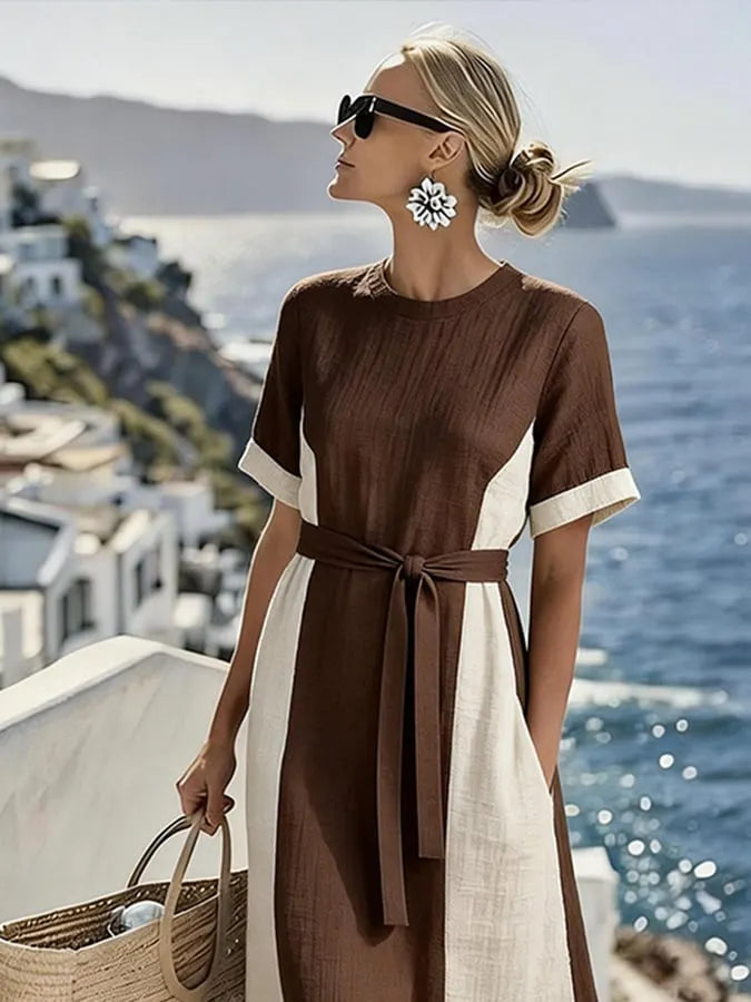 Women'S Casual Round Neck Color-Blocked Dress