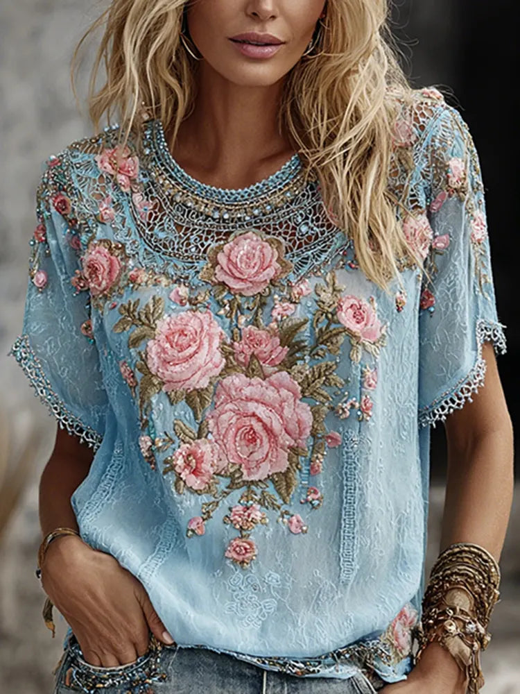 Women's Vintage Floral Embroidered Art Flowy Linen Blend Short Sleeve Casual Tops