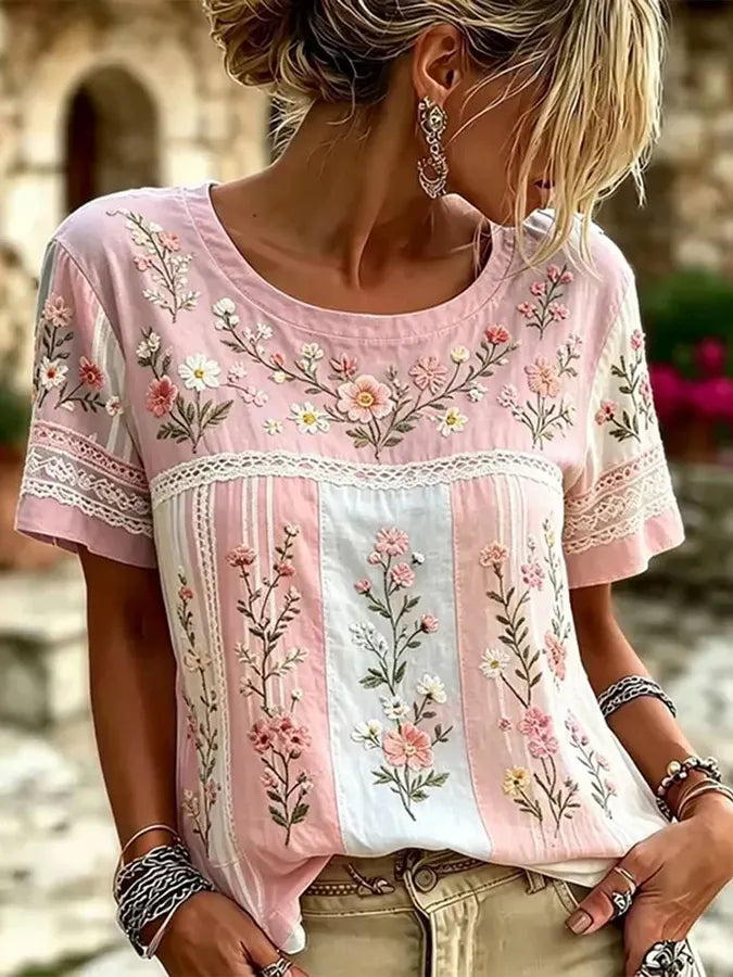 Women's casual floral print cotton and linen round neck top