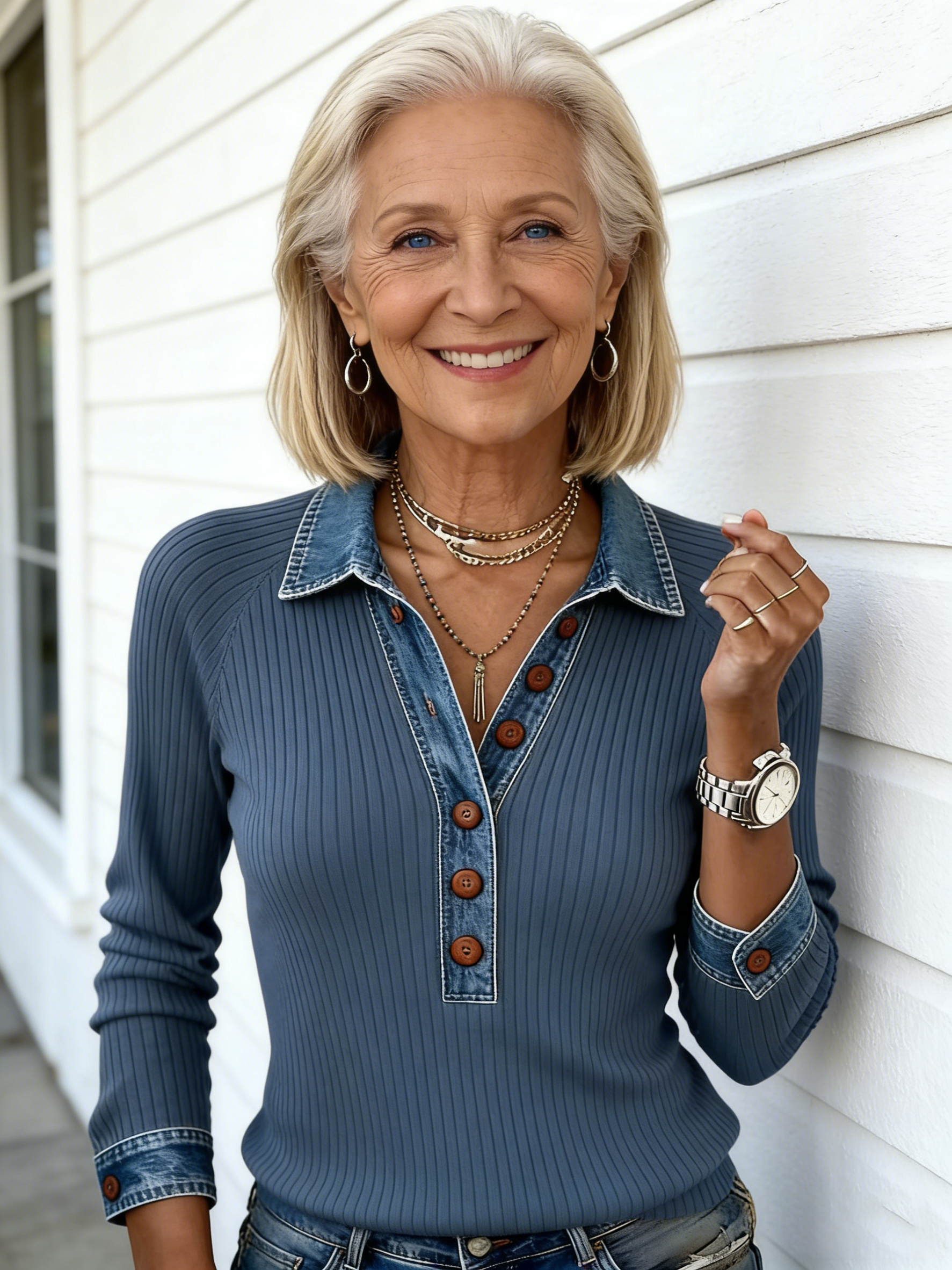 Denim Collar Long Sleeves, Pullover Stitched Knitted Sweater Top