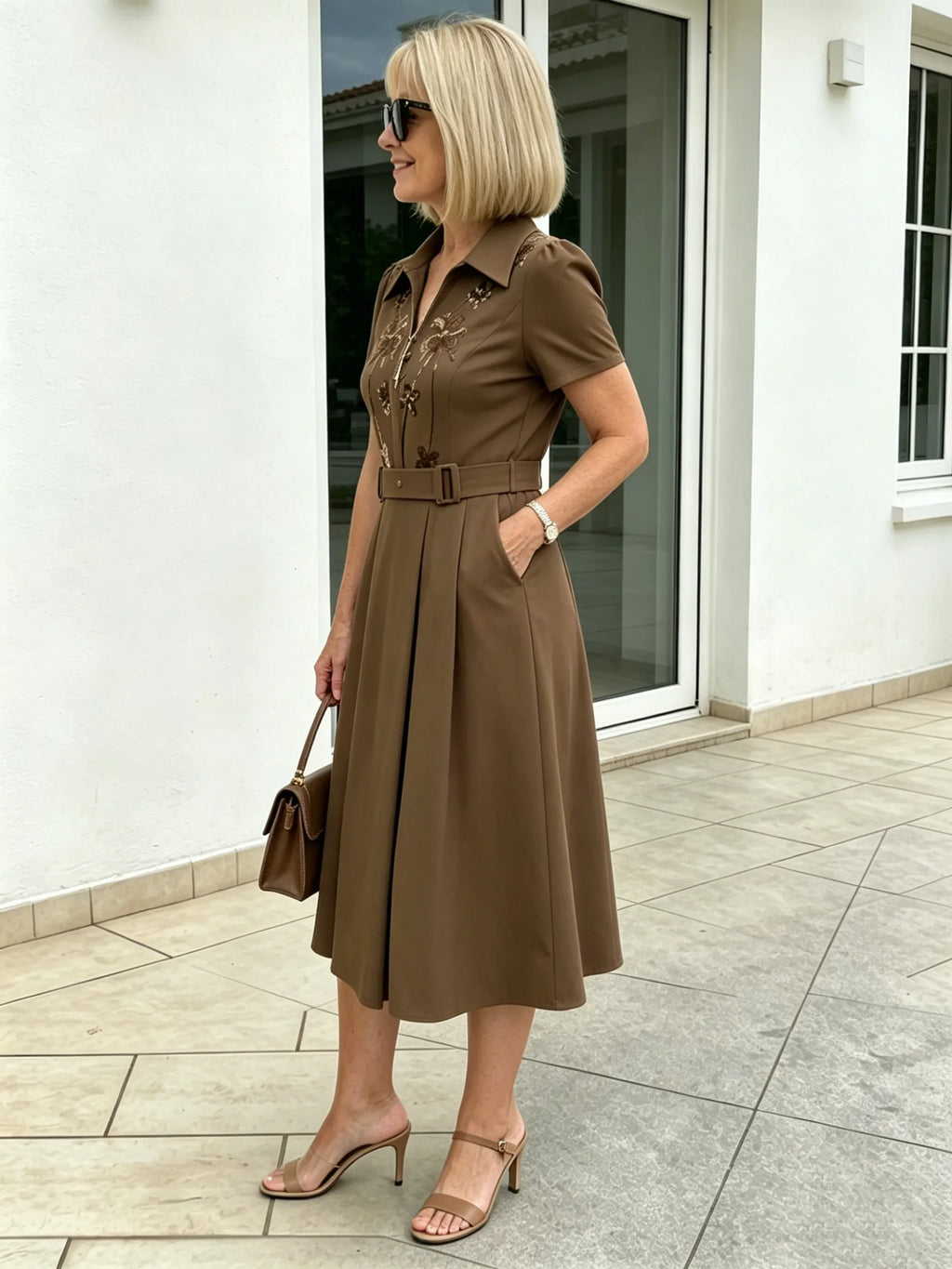 Brown Collared Sequin Embellished A-Line Midi Dress, Belted Waist Short Sleeve Elegant Dress for Mature Plus Size Women
