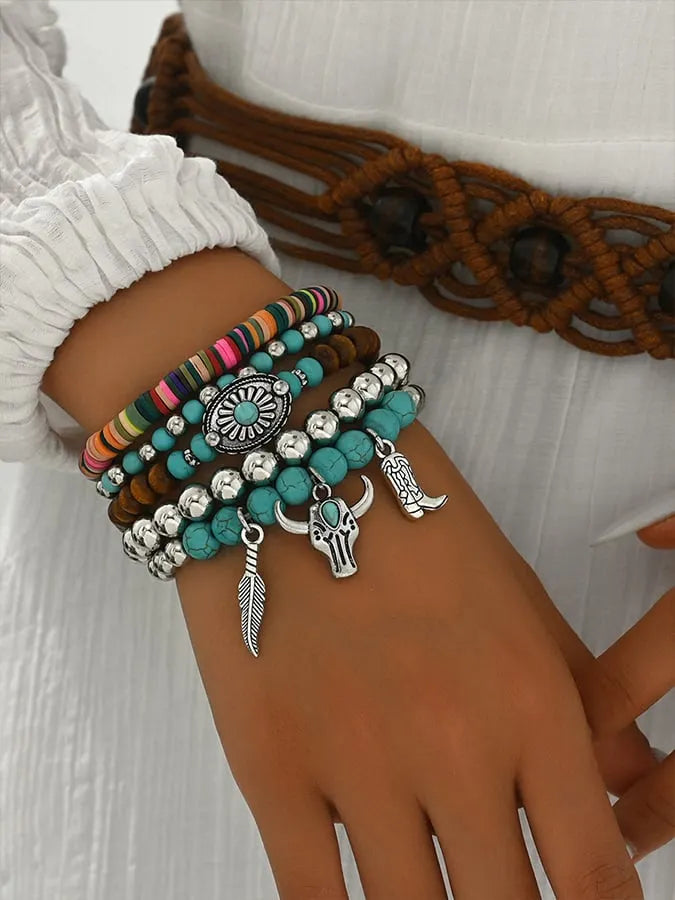 Women's Bohemian Turquoise Wood Beads Alloy Accessories Elastic Wire Bracelet