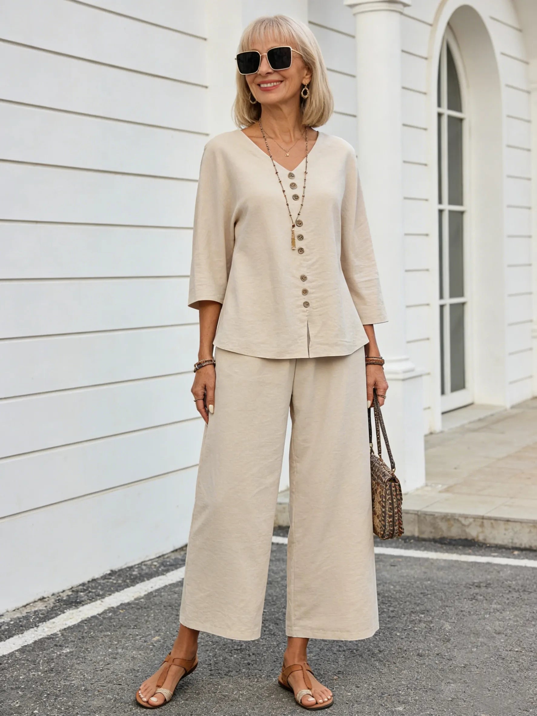 2Pcs Cotton and Linen Button Decoration Solid Color Top Pants Set
