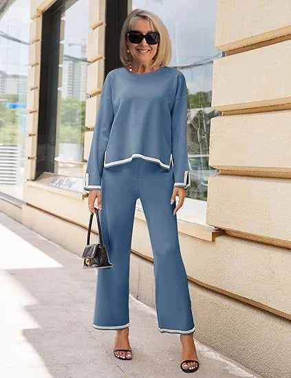 Contrasting Color Split-ended Long-sleeved Knitted Sweater High-waisted and Thin Wide-leg Pants and Trousers Two-piece Set
