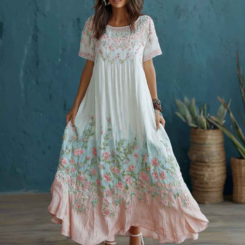 Women's Floral Art Embroidery Round Neck Short Sleeve Cotton Linen Long Dress