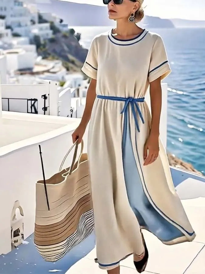 Women'S Contrast Color Stitching Belt Dress