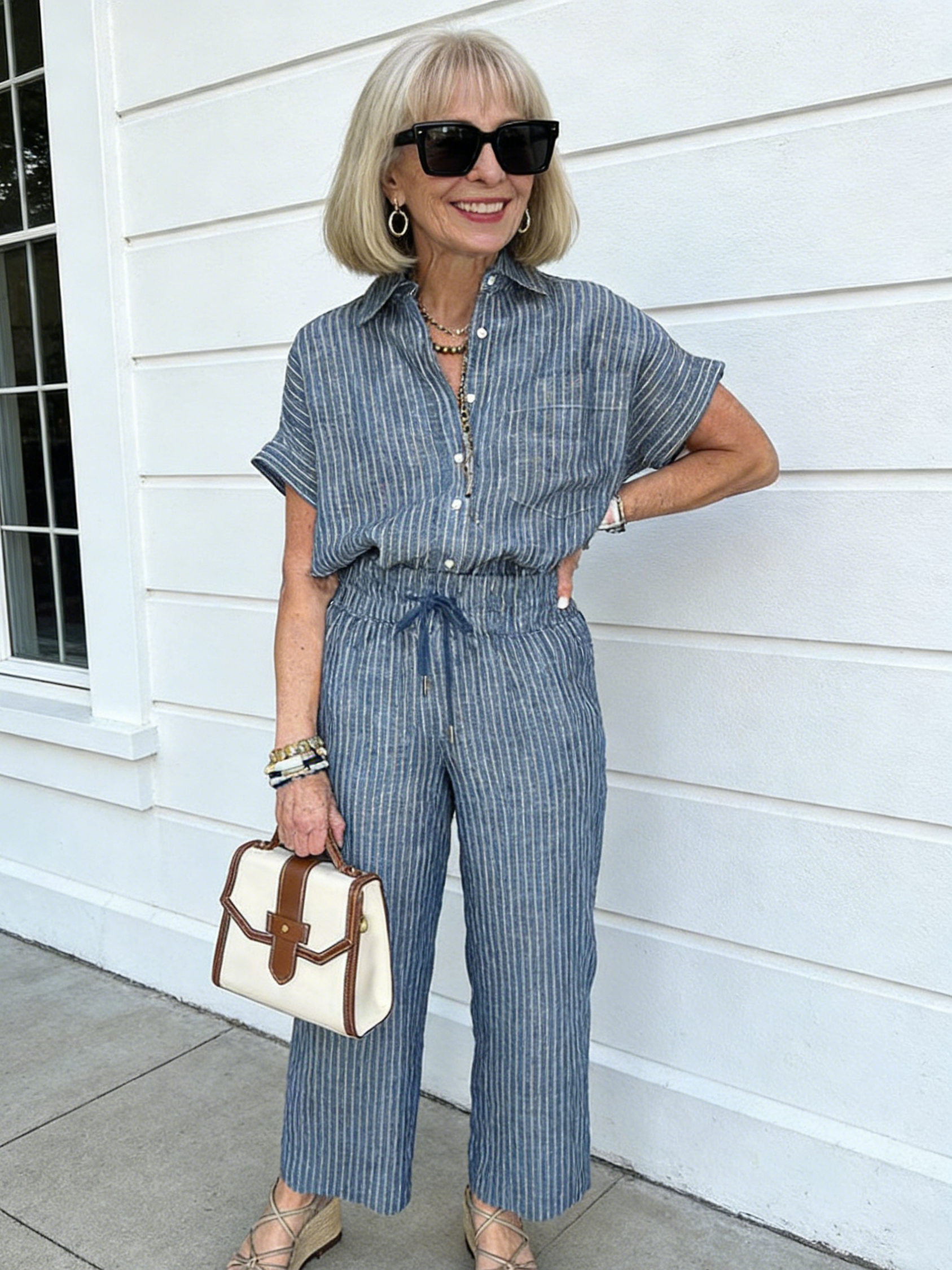 2Pcs Plus Size Cotton and Linen Striped Suit Lapel Short Sleeve Straight Trousers