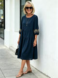 Navy Blue Tiered Midi Dress, Gold Embroidered 3/4 Sleeve Round Neck Loose Tummy Concealing Elegant Dress