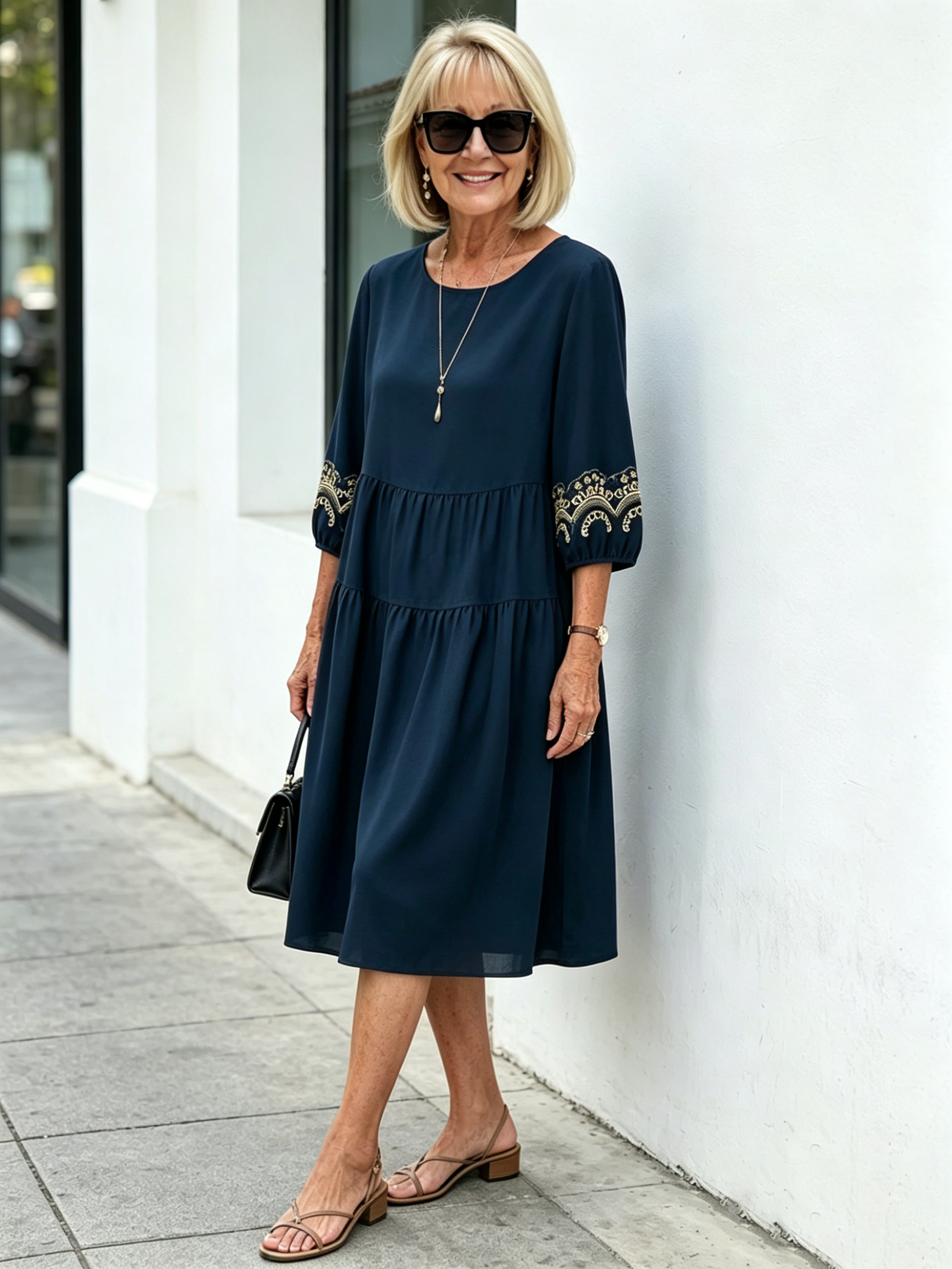 Navy Blue Tiered Midi Dress, Gold Embroidered 3/4 Sleeve Round Neck Loose Tummy Concealing Elegant Dress